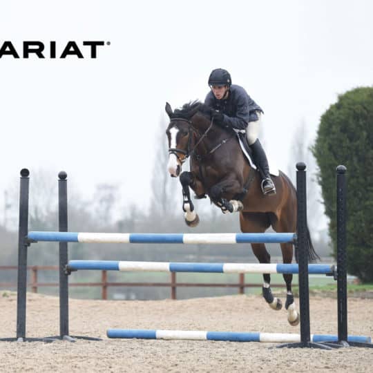 Nick Gauntlett jumping an oxer fence, with thanks to Ariat for their help