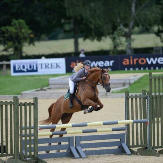 Horse and rider competing in showjumping