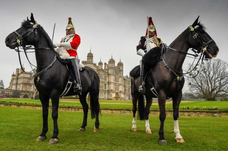 Household cavalry outside Burghley house