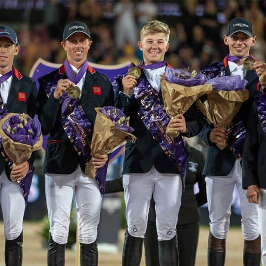 The British showjumping team collect their bronze medals with Performance Manager Di Lampard © British Equestrian / Jon Stroud Media